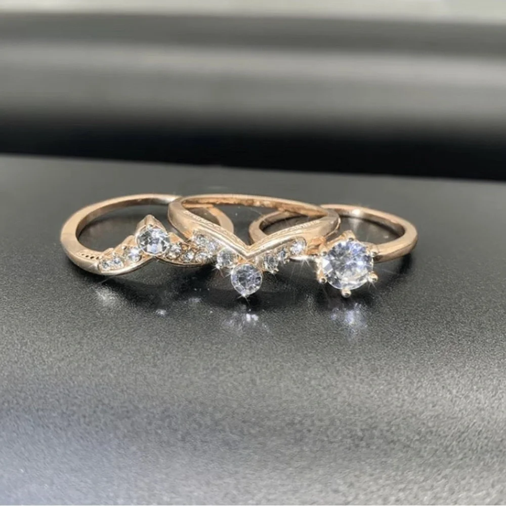 New! 3 Three Piece Stackable Crown Shaped Rose Gold Ring Set Sz 9 Faux Diamonds